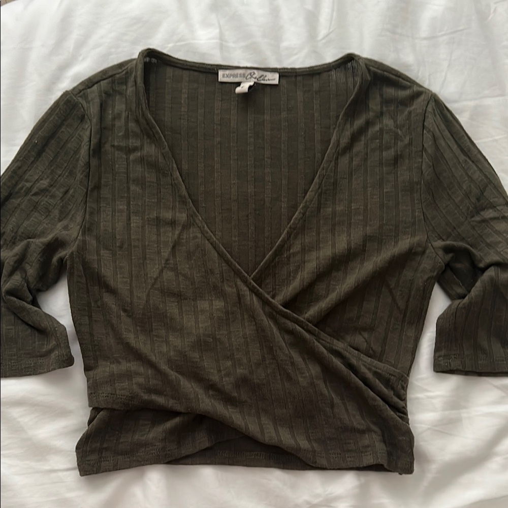 Express Dark Olive Wrap Top